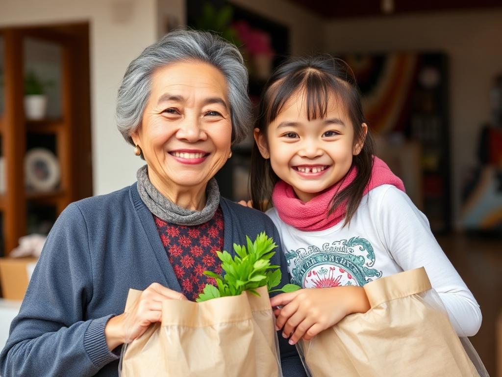 East Asian grandmother and granddaughter with grocery bags